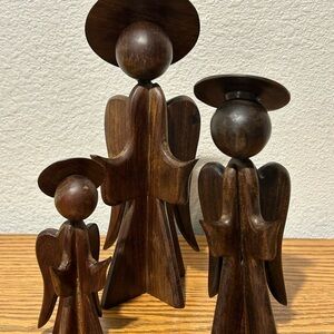 Vintage Wooden Angel Sculpture Trio - Brown